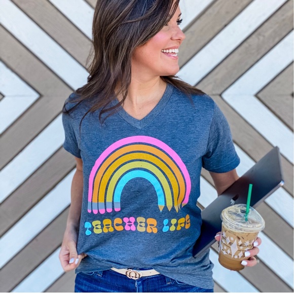 oliver & Otis Tops - Teacher Life v-neck rainbow graphic T